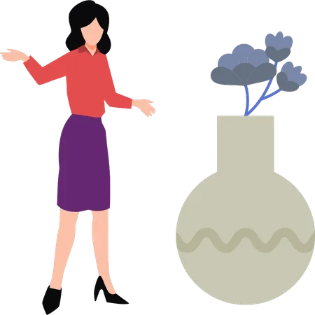 Femme debout à côté d'un vase de fleurs  Illustration