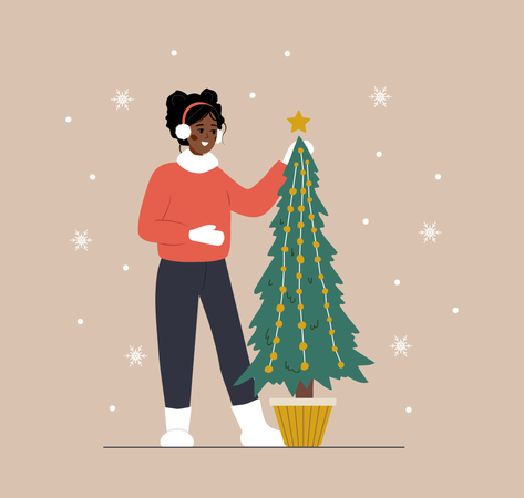 Femme debout à côté de l'arbre de Noël  Illustration