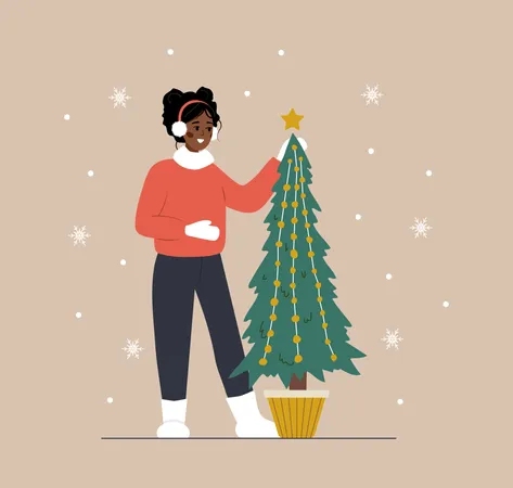 Femme debout à côté de l'arbre de Noël  Illustration