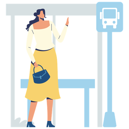 Femme debout à l'arrêt de bus  Illustration