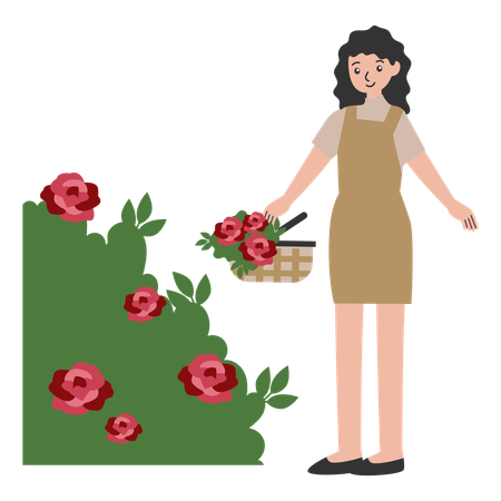 Femme debout dans un jardin fleuri avec un panier de fleurs  Illustration