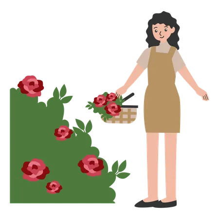 Femme debout dans un jardin fleuri avec un panier de fleurs  Illustration