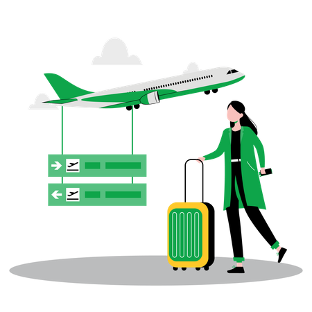 Femme debout avec des bagages à l'aéroport  Illustration