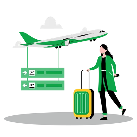 Femme debout avec des bagages à l'aéroport  Illustration