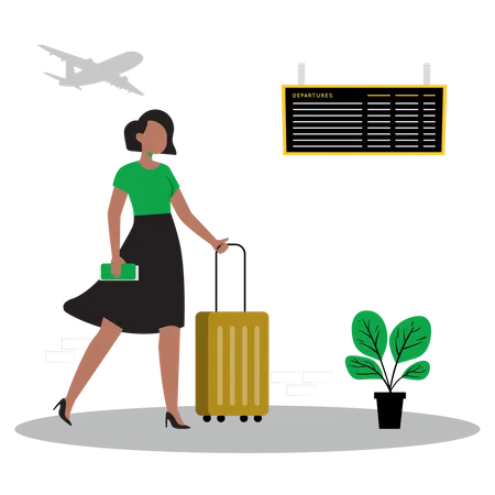 Femme debout avec des bagages à l'aéroport  Illustration