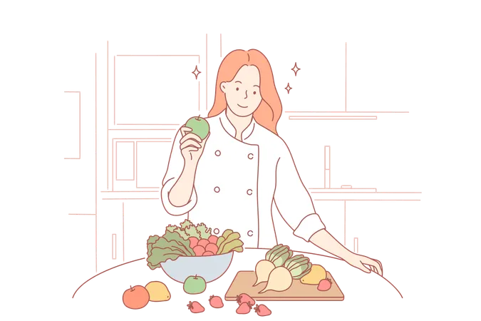 Femme debout avec des fruits et légumes sains à la maison  Illustration