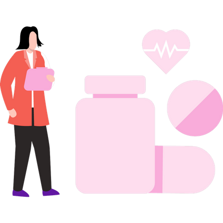 Femme debout avec des médicaments  Illustration