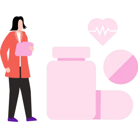 Femme debout avec des médicaments  Illustration