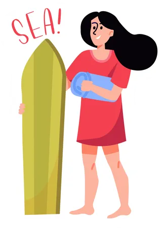 Femme debout avec planche de surf  Illustration