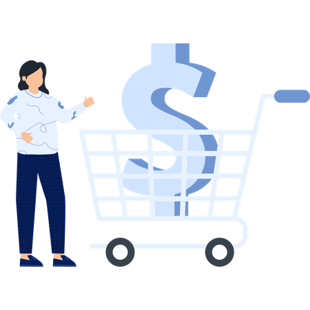 Femme debout avec un caddie de courses financières  Illustration