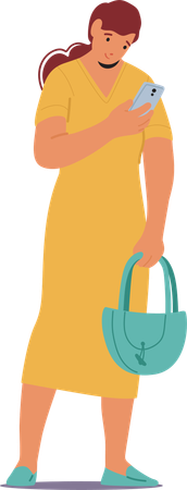 Femme debout avec un téléphone tout en tenant un sac dans l'autre main  Illustration