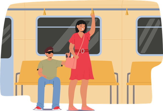 Une femme debout dans les transports en commun tient un sac tandis qu'une autre personne assise semble tenter un vol  Illustration