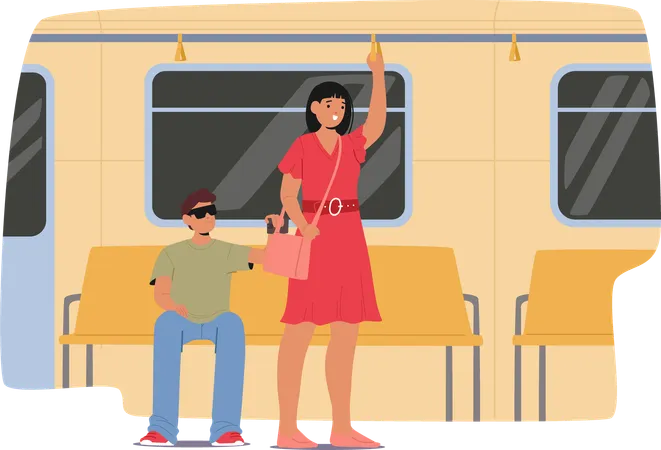 Une femme debout dans les transports en commun tient un sac tandis qu'une autre personne assise semble tenter un vol  Illustration