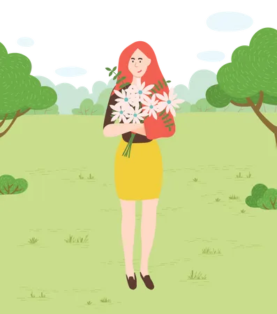Position femme, dans parc, tenue, fleur  Illustration
