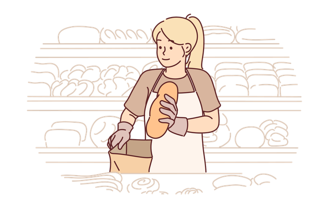 Une femme se tient dans une boulangerie et met du pain dans un sac en papier  Illustration
