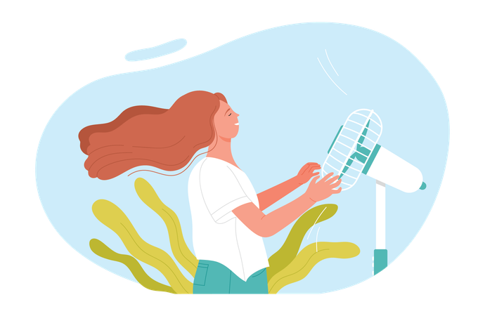 Femme debout devant un ventilateur  Illustration