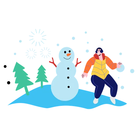 Femme debout près du bonhomme de neige  Illustration