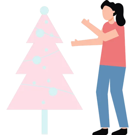 Femme debout près du sapin de Noël  Illustration