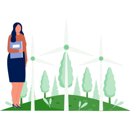 Femme debout près du parc éolien  Illustration