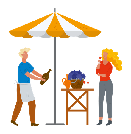 Femme debout près de la table avec verre à vin et raisins  Illustration