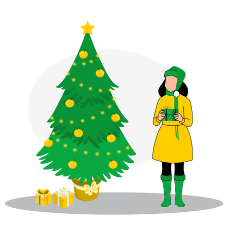 Femme debout près de l'arbre de Noël avec cadeau  Illustration