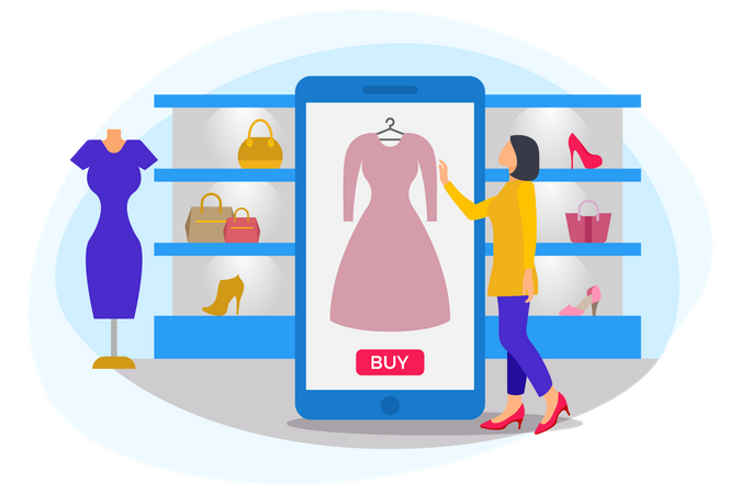 Femme debout près d'un mobile achetant des vêtements et un kit d'habillage  Illustration