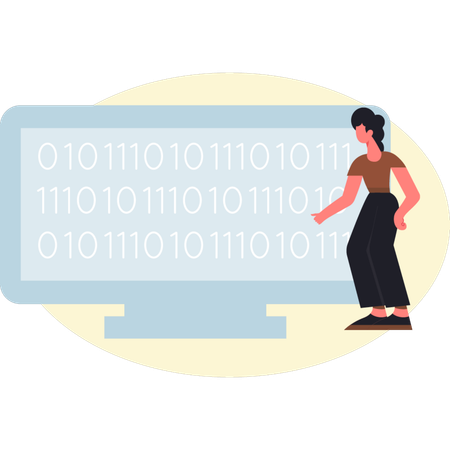 Femme debout près d'un moniteur en train de coder  Illustration