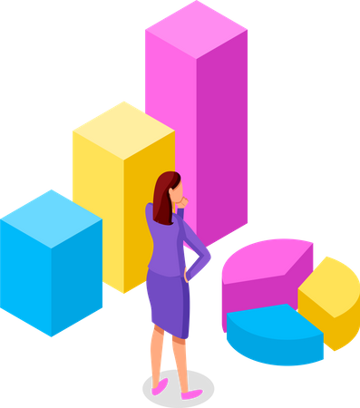 Femme debout près d'un diagramme composé d'une barre rectangulaire de couleur verticale et d'un diagramme circulaire  Illustration