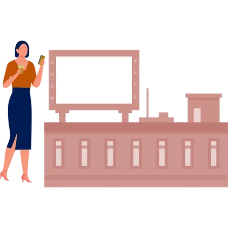 Femme debout près d'un panneau publicitaire noir  Illustration