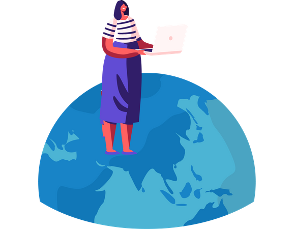 Femme debout sur un globe terrestre avec un ordinateur portable analysant la situation mondiale  Illustration