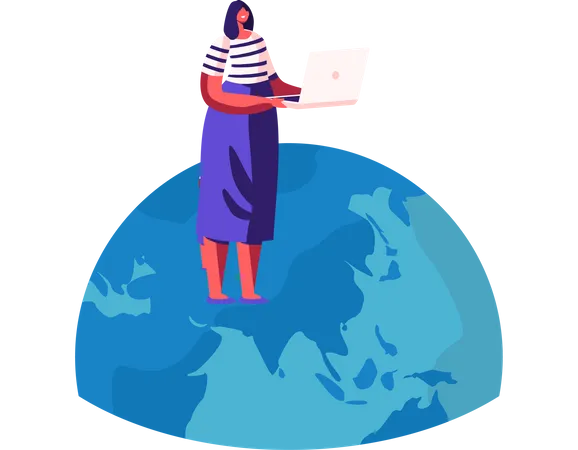 Femme debout sur un globe terrestre avec un ordinateur portable analysant la situation mondiale  Illustration