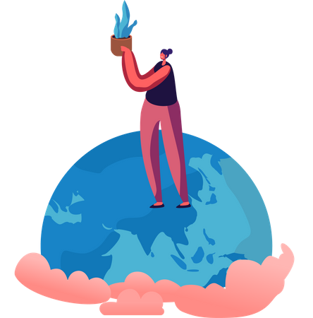 Femme debout sur un globe terrestre tenant une plante en pot dans les mains  Illustration