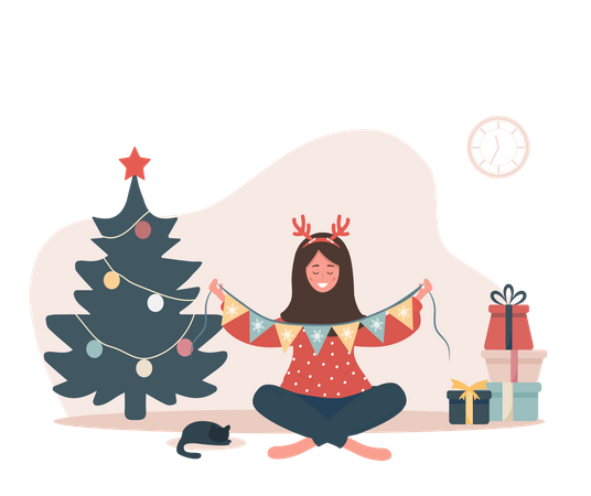 Femme décorant le sapin de Noël  Illustration