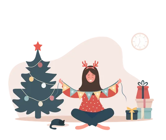 Femme décorant le sapin de Noël  Illustration