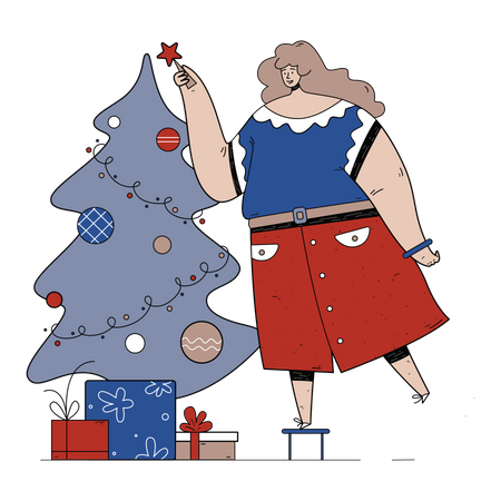 Femme décorant le sapin de Noël  Illustration