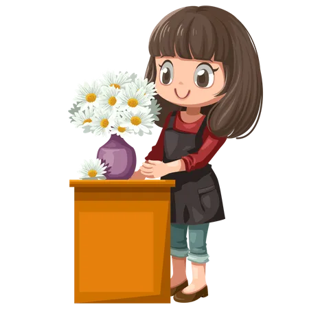 Femme décorant un pot de fleur  Illustration