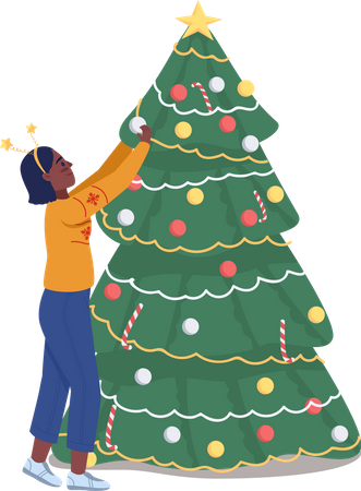 Femme décorant l'arbre de Noël  Illustration