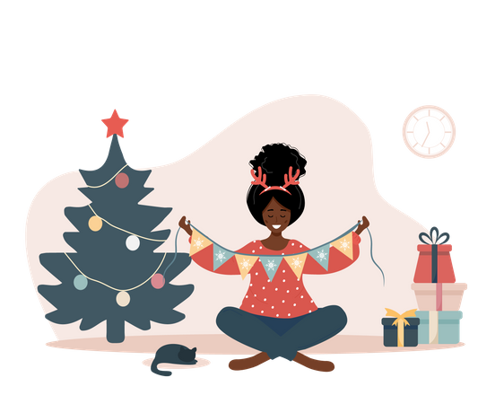 Femme décorant le sapin de Noël  Illustration