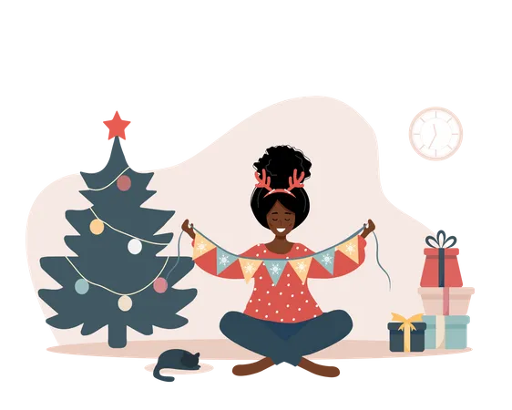 Femme décorant le sapin de Noël  Illustration