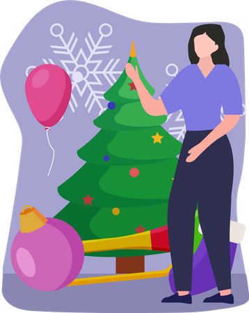 Femme décorant le sapin de Noël  Illustration