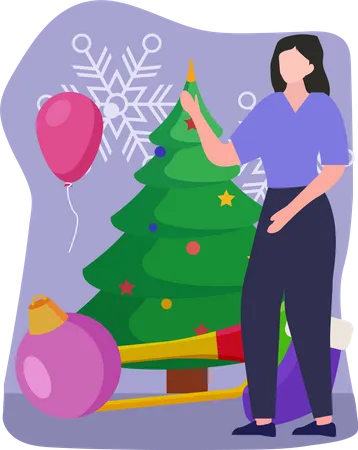 Femme décorant le sapin de Noël  Illustration