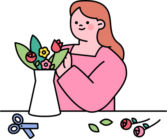 Femme décorant un vase à fleurs  Illustration