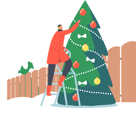 Femme décorer l'arbre de Noël à la cour de la maison  Illustration
