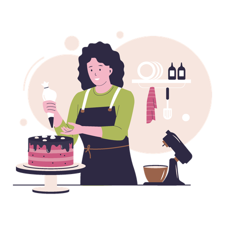 Une femme décore un gâteau avec de la crème au beurre  Illustration