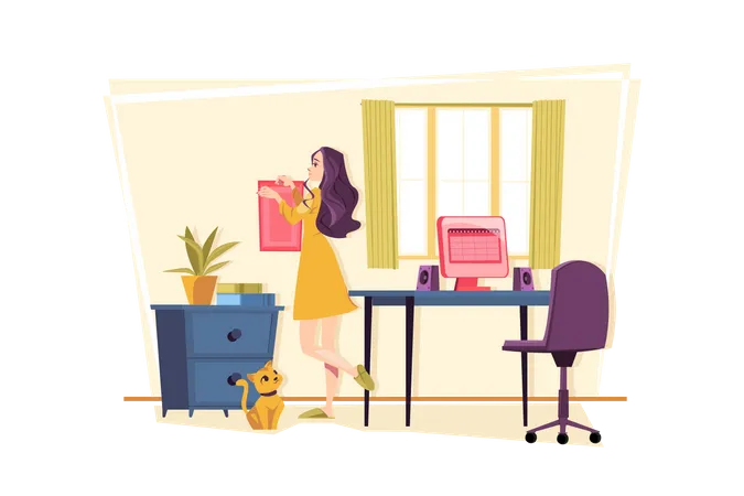 Une femme décore son espace de travail à la maison  Illustration