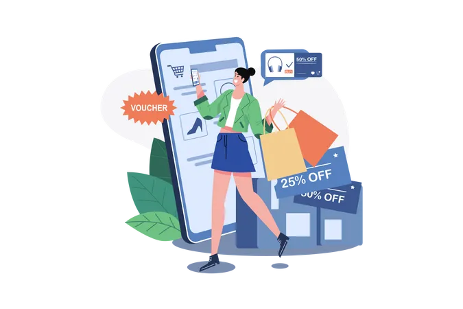 Femme appliquant un bon de réduction sur les achats en ligne  Illustration