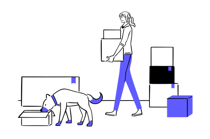 Une femme déplace des cartons avec un chien à proximité  Illustration