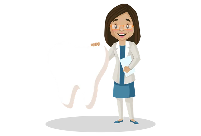Femme dentiste debout avec dent  Illustration
