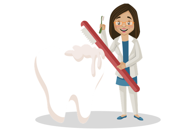 Femme dentiste nettoyant les dents avec une brosse à dents  Illustration