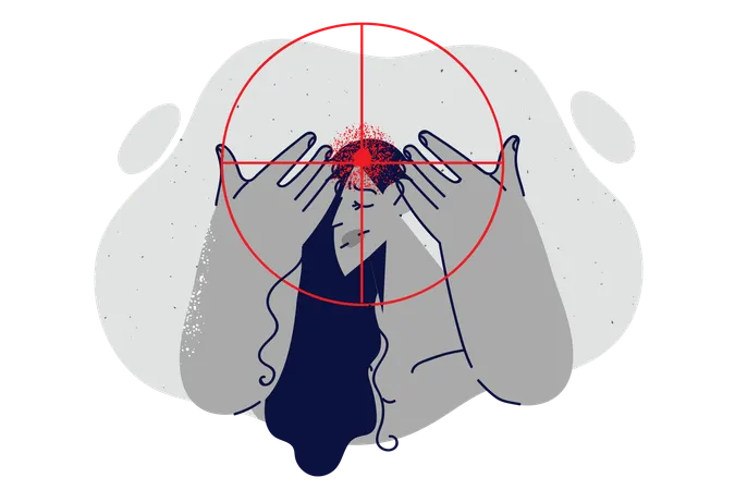 Femme déprimée sous la menace d'une arme près de la tête, souffrant de migraine et de maux de tête causés par le stress  Illustration